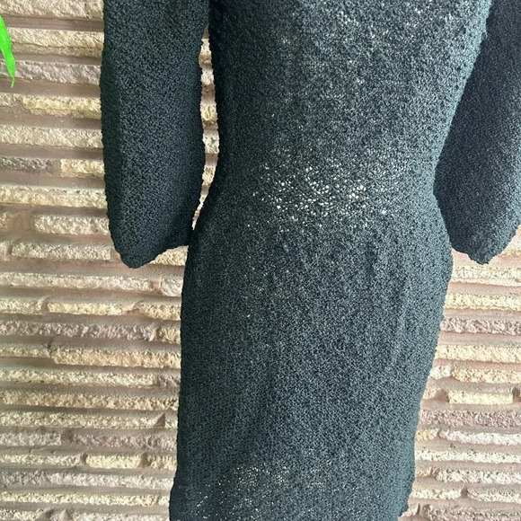 Vintage Black Boucle Handknit Dress Rhinestone Ribbon Detail - Picture 5 of 10